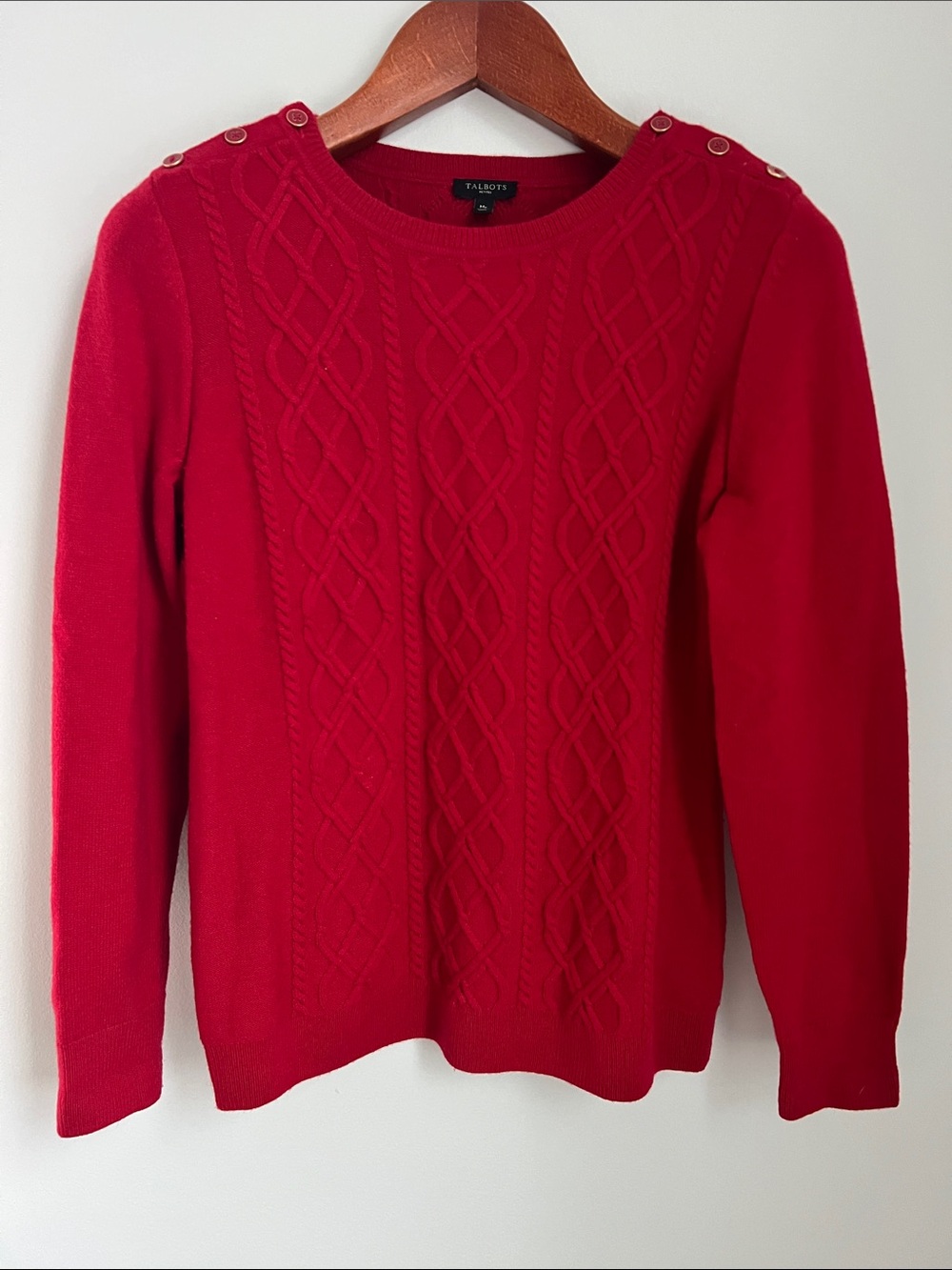 Talbots | Red Cable-Knit Crewneck Sweater with Button-Shoulder Detail Size MP